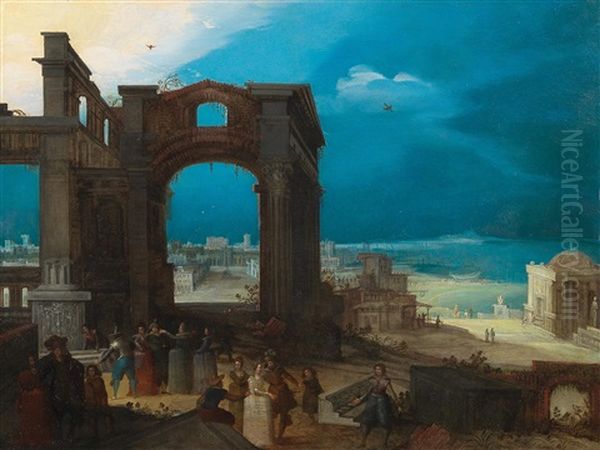 Elegant Figures Amidst Roman Ruins Oil Painting by Louis de Caullery