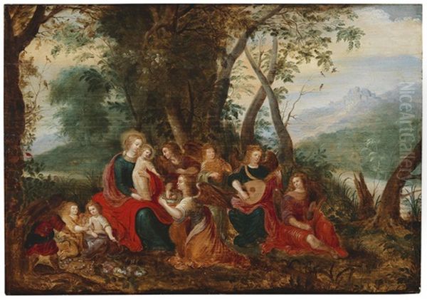 The Virgin And Child With Angels In A Wooded River Landscape Oil Painting by Louis de Caullery