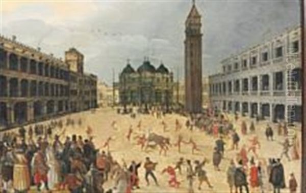 Carneval And Bull Fighting At Piazza San Marco Oil Painting by Louis de Caullery