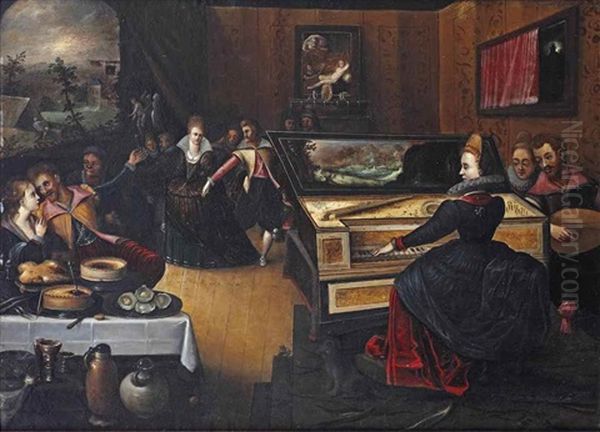 A Merry Company Feasting And Dancing With An Elegant Lady Playing The Clavichord In The Foreground Oil Painting by Louis de Caullery