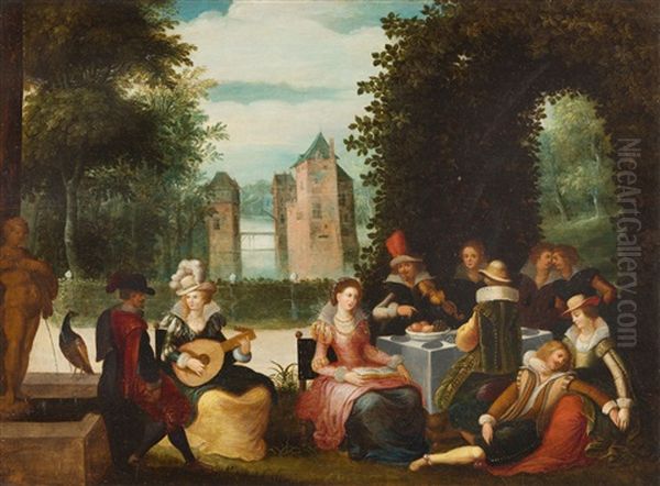 Elegante Musizierende Gesellschaft Im Park, Im Hintergrund Ein Oil Painting by Louis de Caullery