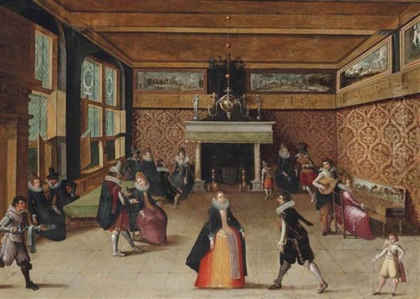 Elegant Company Dancing, Conversing And Making Music In An Interior Oil Painting by Louis de Caullery