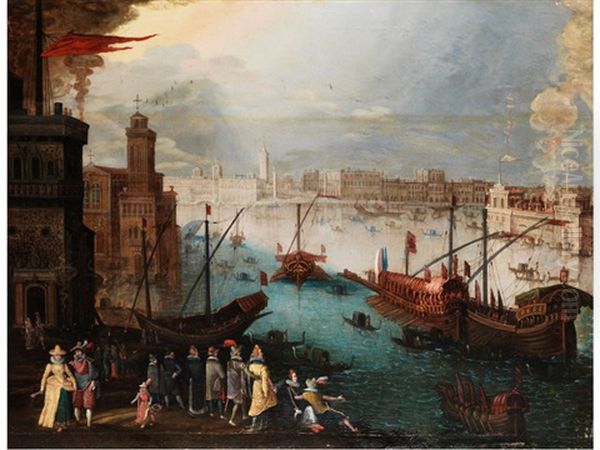 Ansicht Von Venedig Anlasslich Eines Staatsfests Mit Feuerwerk Oil Painting by Louis de Caullery