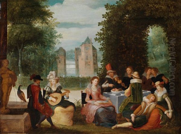 Elegante Musizierende Gesellschaft In Einem Park, Im Hintergrund Ein Fluss Oil Painting by Louis de Caullery