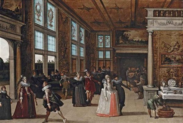 A Palace Interior With Elegant Couples Courting At A Ball Oil Painting by Louis de Caullery