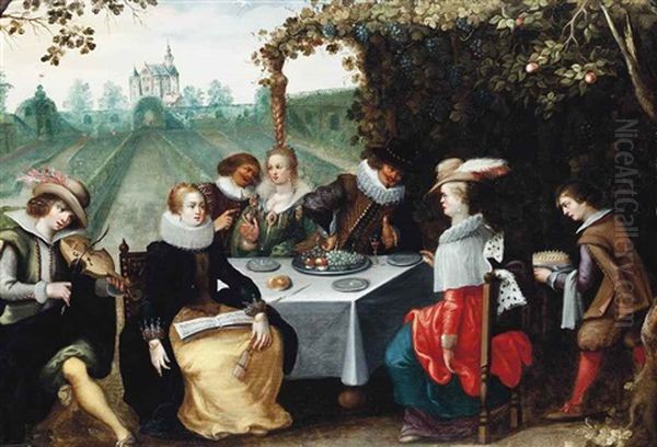 Elegant Company Dining In A Garden Oil Painting by Louis de Caullery