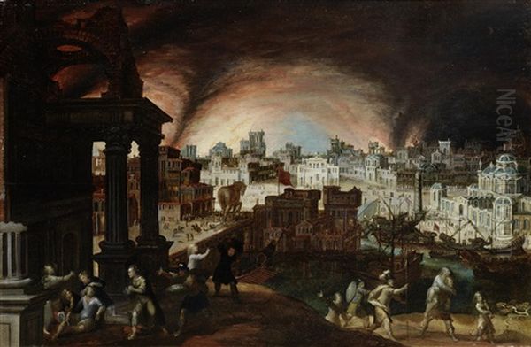 The Fall Of Troy With Aeneas Carrying Anchises From The Burning City Oil Painting by Louis de Caullery