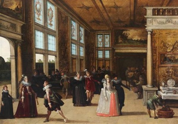 Elegant Company Dancing In An Interior Oil Painting by Louis de Caullery