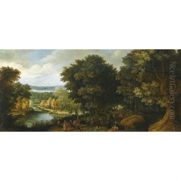 An Extensive Wooded River Landscape With Elegant Figures Conversing Along A Path To The Right, And Other Figures Merry-making In A Village To The Left Oil Painting by Louis de Caullery