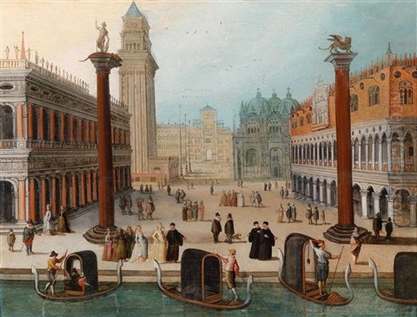 Vedute Der Piazzetta Mit Dogenpalast, Uhrturm Und Bibliothek In Venedig Oil Painting by Louis de Caullery