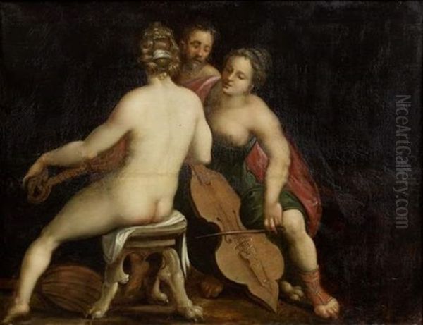 Deux Musiciennes Entourant Un Homme Age Oil Painting by Louis de Caullery