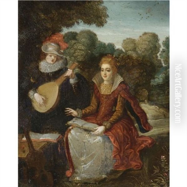 An Elegant Courting Couple In A Park, The Gentleman Playing A Lute And The Lady Holding A Book Oil Painting by Louis de Caullery