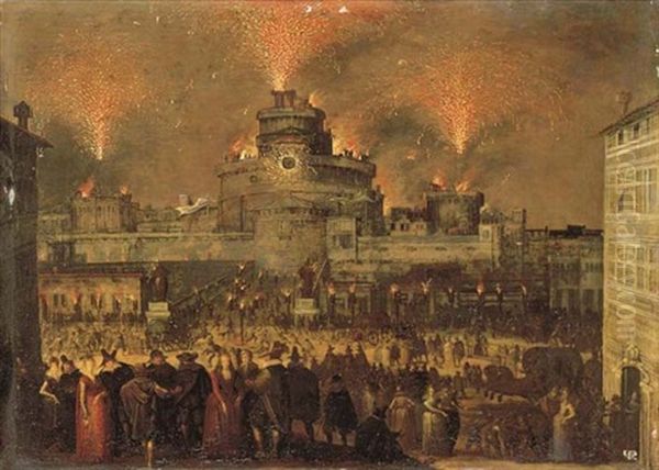 A Firework Display At The Castel Sant'angelo, Rome Oil Painting by Louis de Caullery