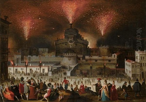 Rome, A View Of The Castel Sant'angelo During The Girandole With Elegant Figures Watching And Promenading In The Foreground Oil Painting by Louis de Caullery