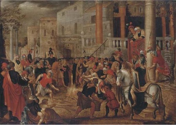 The Ephesians Burning Books After Their Conversion By Saint Paul: Corinthians, Xix: 18-20 (in Collab. W/hendrick Van Cleve Iii) Oil Painting by Louis de Caullery