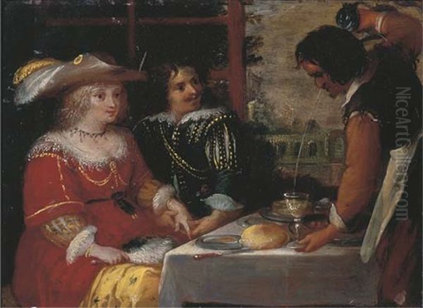 An Elegant Couple Dining And A Servant Pouring Wine, A Park Beyond Oil Painting by Louis de Caullery