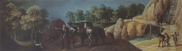 An Elegant Hunting Party In A Wooded River Landscape, Other Figures And Horses In The Background Near A Waterfall Oil Painting by Louis de Caullery