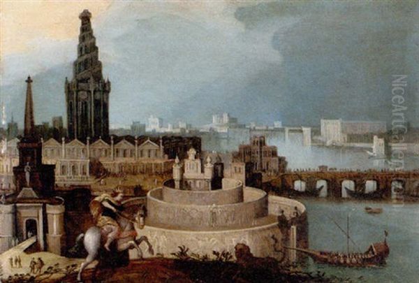 A Capriccio Of A Classical City By A River, With A Prince On Horseback Oil Painting by Louis de Caullery