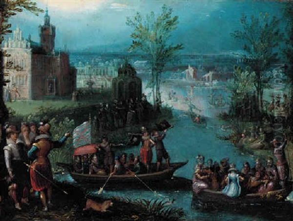 A River Landscape With Elegant Figures Boating Oil Painting by Louis de Caullery