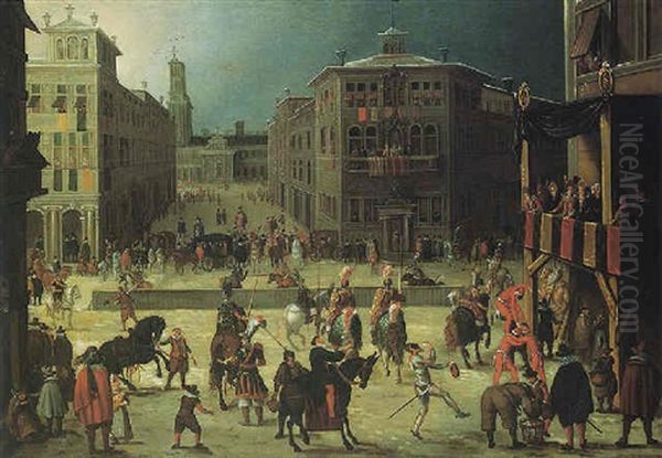 A Scene In A Town With A Tournament, Jousters And Acrobats Performing Before An Audience Oil Painting by Louis de Caullery