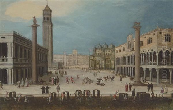 A Carnival In The Piazetta, Venice, Looking Towards The Piazza San Marco Oil Painting by Louis de Caullery