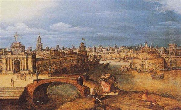 Semiramis Hunting A Lion Before The City Of Babylon Oil Painting by Louis de Caullery