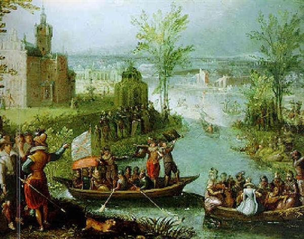 A River Landscape With Elegant Figures Boating And A Palace With An Extensive Garden Beyond Oil Painting by Louis de Caullery