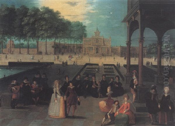 Couples Dancing In A Palace Courtyard Oil Painting by Louis de Caullery