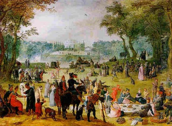 An Extensive Landscape With Figures At An Open Air Festival Oil Painting by Louis de Caullery