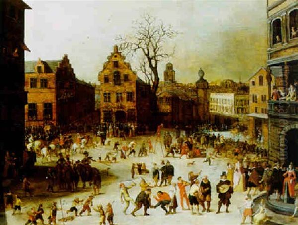 Carnival In A Town Square Oil Painting by Louis de Caullery