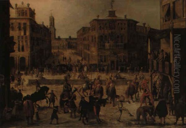 A Tournament, With Acrobats And Clowns, In A Renaissance City Setting by Louis de Caullery