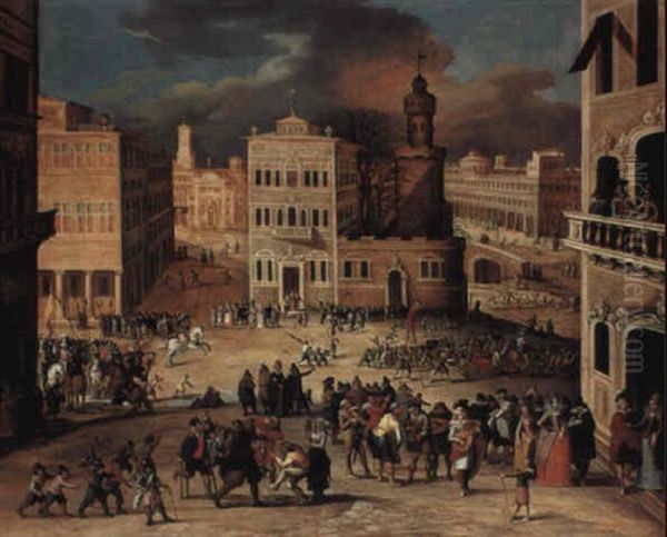 An Architectural Fantasy With Figures Merrymaking In A Town Square Oil Painting by Louis de Caullery