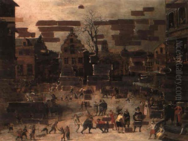 A Town Square In Winter With Elegant Figures Observing A Procession Oil Painting by Louis de Caullery