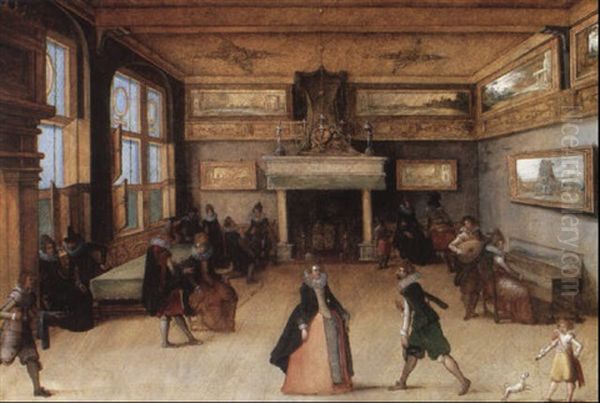 Interior Scene With Elegant Company Dancing And Playing Music Oil Painting by Louis de Caullery