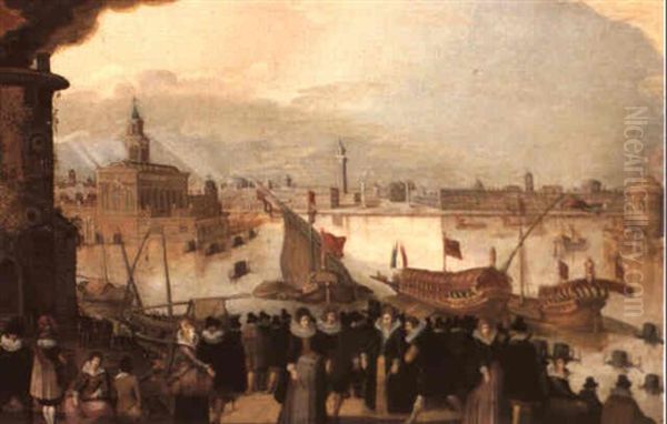 Venetian Capriccio Scene With Boats And Numerous Figures Oil Painting by Louis de Caullery