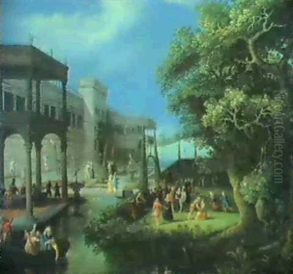 A Fete Galante In The Grounds Of A Moated Castle Oil Painting by Louis de Caullery