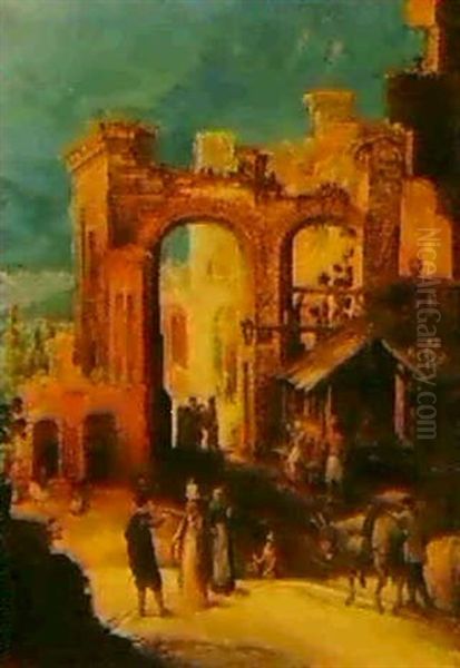 Figures Beside Ruins. Oil Painting by Louis de Caullery