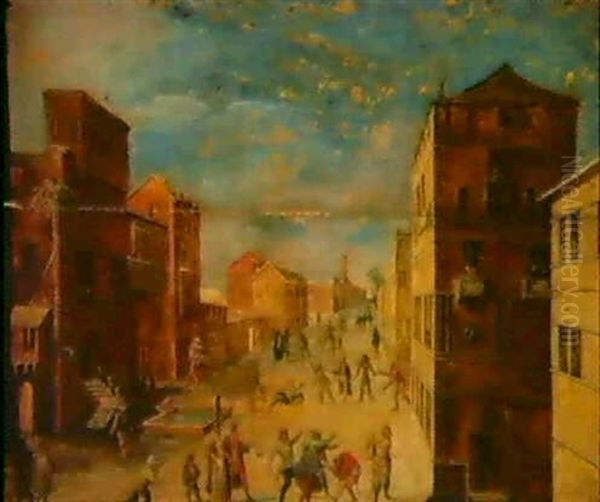 Stadsscen Med Gycklare Oil Painting by Louis de Caullery