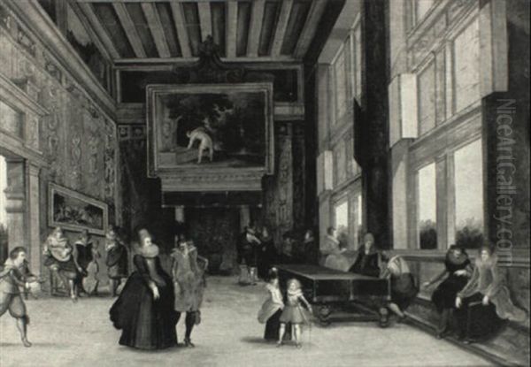 Elegant Figures In A Hall Listening To Musicians Oil Painting by Louis de Caullery