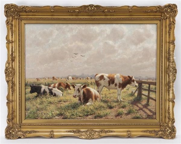 Untitled (cattle Grazing In A Pasture) Oil Painting by Albert Caullet