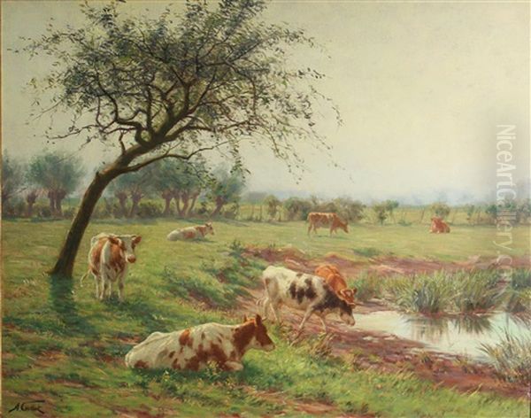 Cattle In A Sunlit Landscape Oil Painting by Albert Caullet