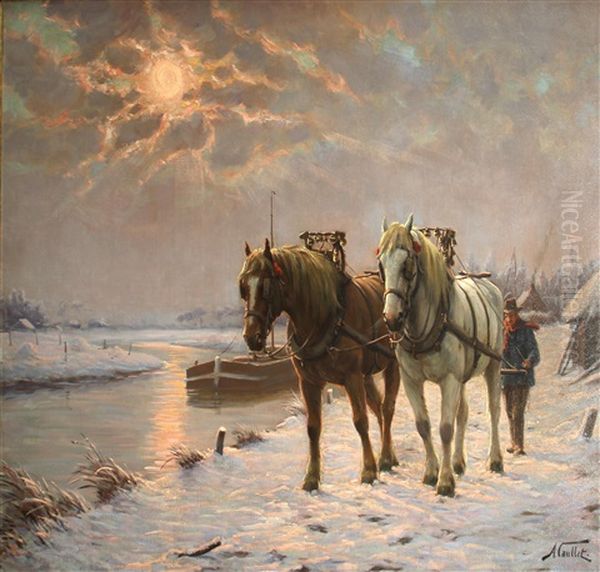 Winter Landscape With Horses Oil Painting by Albert Caullet