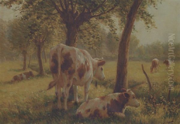 Cattle In A Sunlit Meadow Oil Painting by Albert Caullet