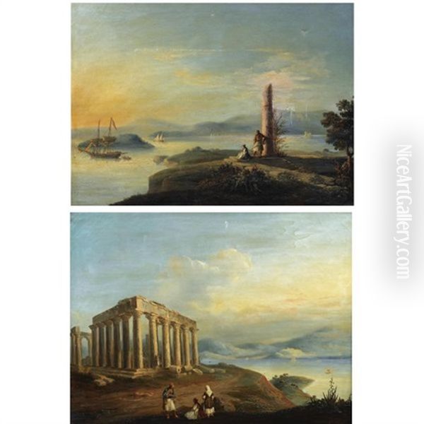 Views Of Greece (pair) Oil Painting by Pierre Clement Causse