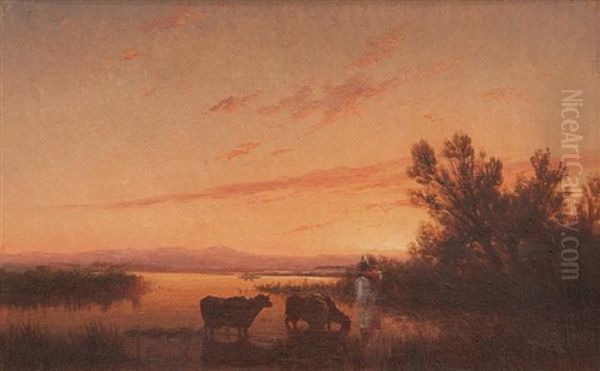 Paysage Lacustre Anime Au Crepuscule Oil Painting by Louis Edouard Isidore Cauvin