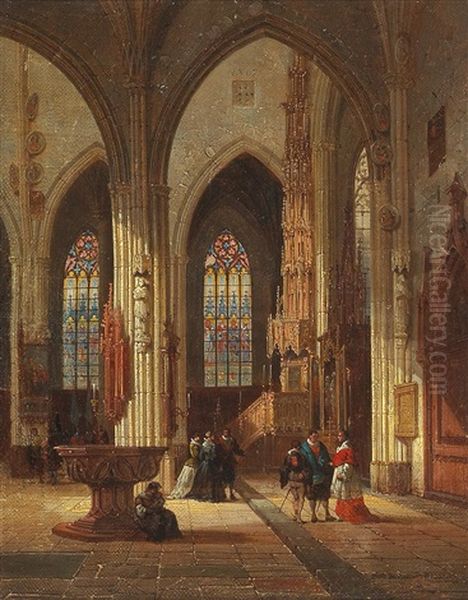 Church Interior With Decorative Figures Oil Painting by Emile Pierre Joseph de Cauwer