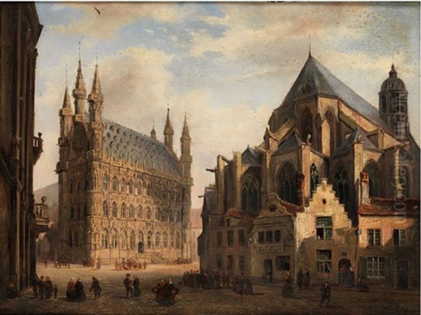 Ansicht Des Rathausplatzes Und Des Grossen Marktes In Leuven Oil Painting by Emile Pierre Joseph de Cauwer