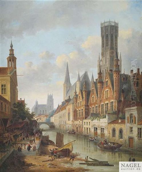 Partie Aus Der Altstadt Von Brugge. Der Grune Kai Mit Dem Freiamtshaus Und Dem Belfried Im Hintergrund Oil Painting by Emile Pierre Joseph de Cauwer