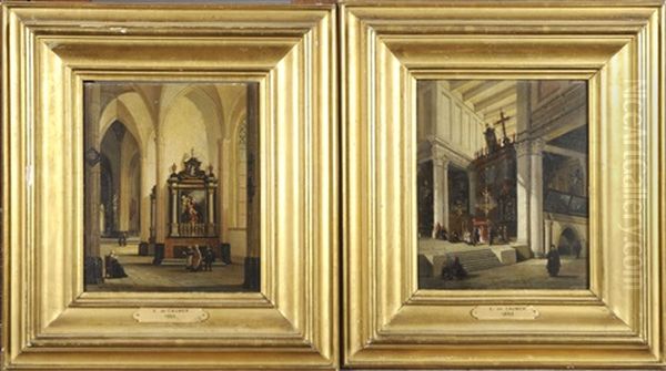 Interieur D'eglise (2 Works) Oil Painting by Emile Pierre Joseph de Cauwer