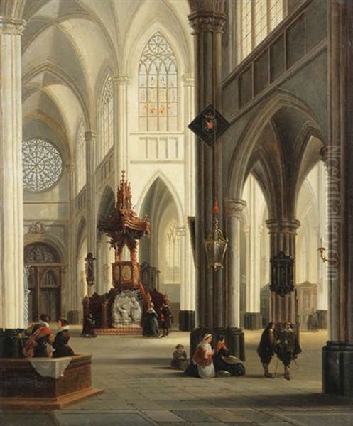 Interieur D'une Cathedrale Gothique Anime De Figures Pres D'une Chaire Oil Painting by Emile Pierre Joseph de Cauwer